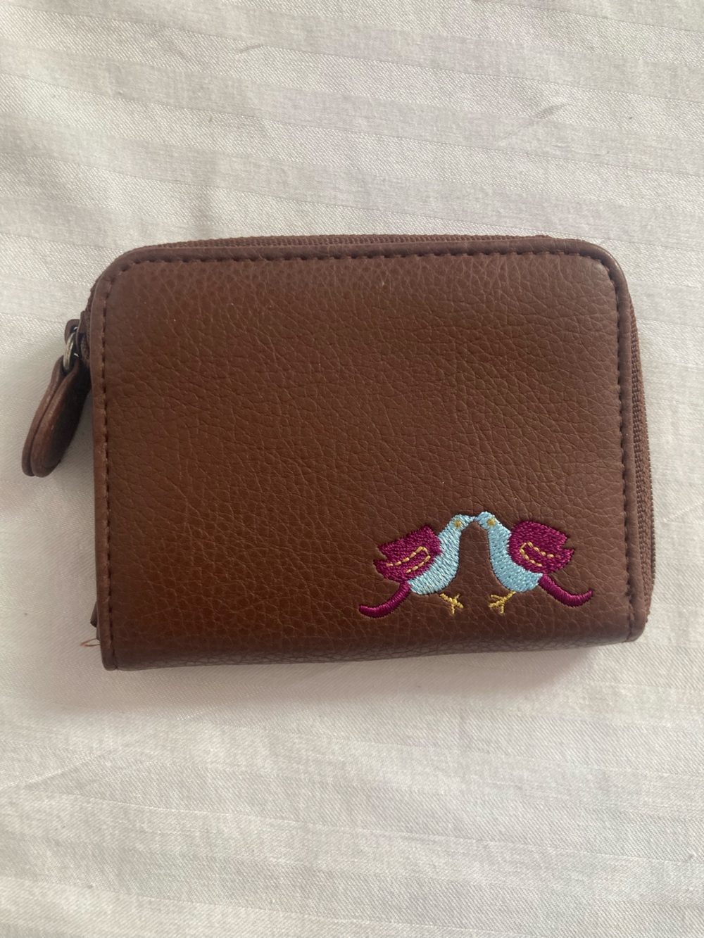 Relic Brown Zip Wallet Card Holder with Embroidered Blue & Magenta Birds